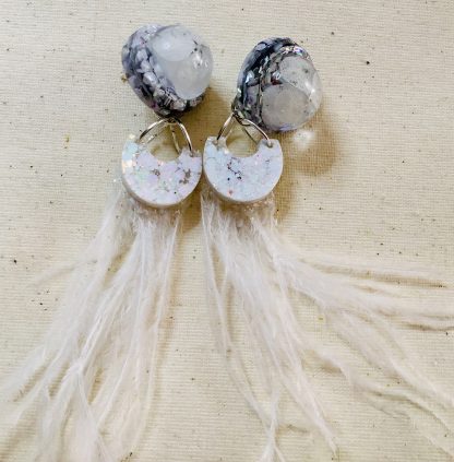 Moonlight Drift" – White Feather & Hydrangea Earrings