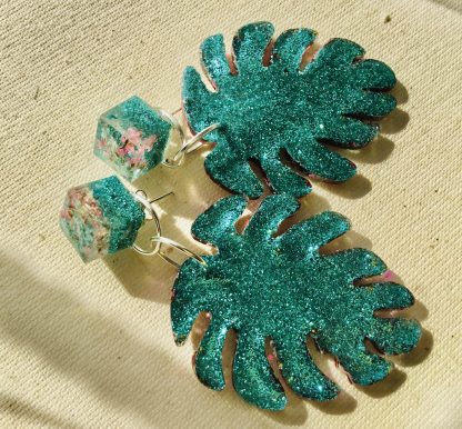 Green Leaf Resin Drop Earrings with Real Dry Flowers