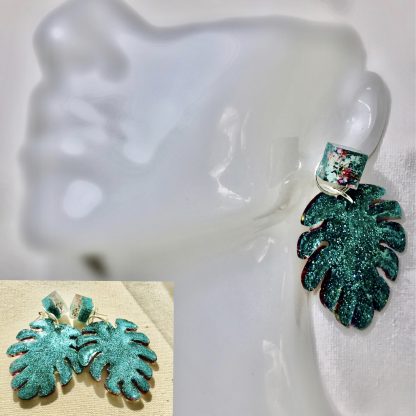 Green Leaf Resin Drop Earrings with Real Dry Flowers