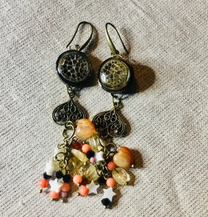 Elegant Lotus Stem Earrings with Agate, Coral, Pearl Shell, Carnelian & Citrine