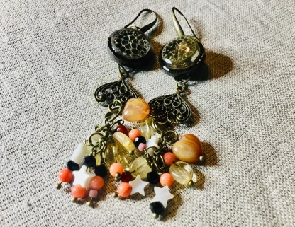 Elegant Lotus Stem Earrings with Agate, Coral, Pearl Shell, Carnelian & Citrine