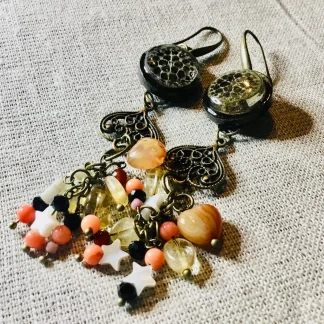 Elegant Lotus Stem Earrings with Agate, Coral, Pearl Shell, Carnelian & Citrine