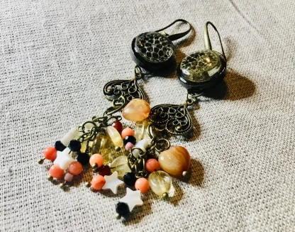 Elegant Lotus Stem Earrings with Agate, Coral, Pearl Shell, Carnelian & Citrine