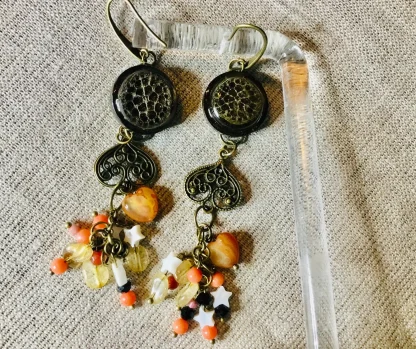 Elegant Lotus Stem Earrings with Agate, Coral, Pearl Shell, Carnelian & Citrine