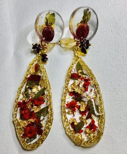 Golden Bloom Teardrop Earrings – Real Red Narcissus & Gold Foil Resin Jewelry