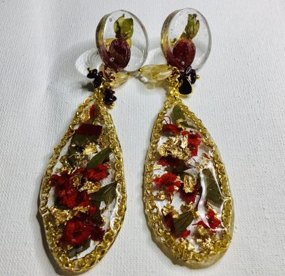 Golden Bloom Teardrop Earrings – Real Red Narcissus & Gold Foil Resin Jewelry