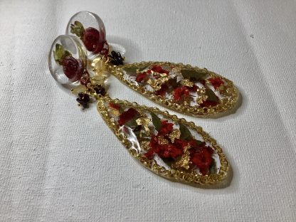 Golden Bloom Teardrop Earrings – Real Red Narcissus & Gold Foil Resin Jewelry
