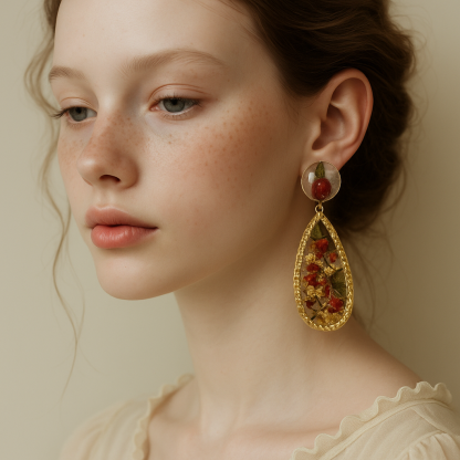 Golden Bloom Teardrop Earrings – Real Red Narcissus & Gold Foil Resin Jewelry
