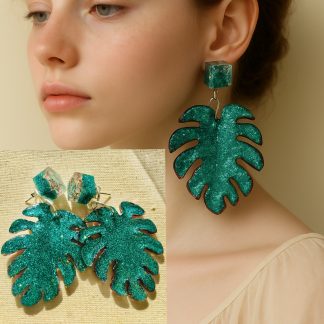 Green Leaf Resin Drop Earrings with Real Dry Flowers