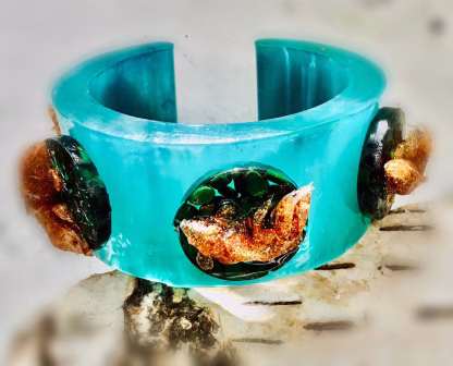 Turquoise Resin Cuff Bangle with Golden Koi Fish
