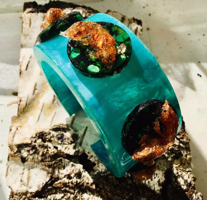 Turquoise Resin Cuff Bangle with Golden Koi Fish - Image 5