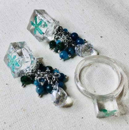 Sandalwood Flower Earrings and Adjustable Ring