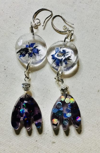 Celestial Petals Earrings | Real Blue Flowers with Glitter Accents | Handmade Resin Jewelry by RealFlowerJewels.com
