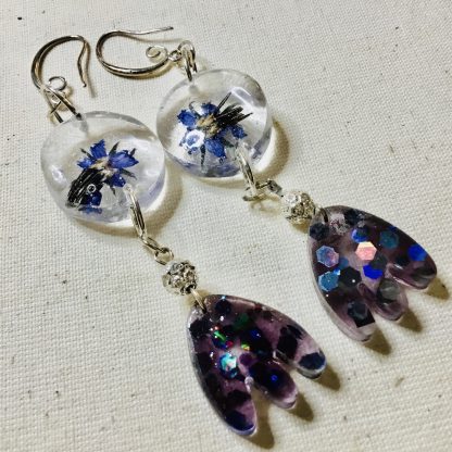 Celestial Petals Earrings | Real Blue Flowers with Glitter Accents | Handmade Resin Jewelry by RealFlowerJewels.com