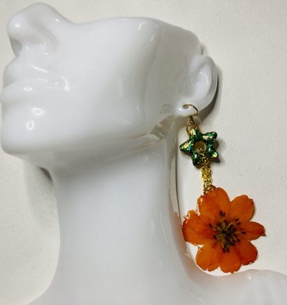 Cosmic Bloom Radiance Earrings – Real Cosmos Flowers with Glitter Stars