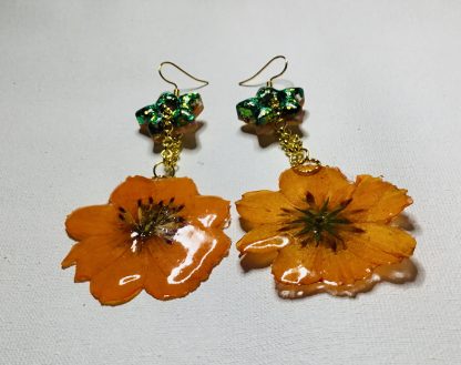 Cosmic Bloom Radiance Earrings – Real Cosmos Flowers with Glitter Stars