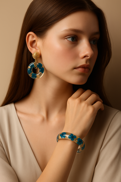 Ethereal Forget-Me-Not Resin Jewelry Set – Real Blue Flowers in Resin Earrings & Bangle