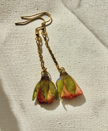 Real Red Pink Rose Bud Drop Earrings