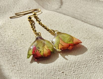 Real Red Pink Rose Bud Drop Earrings