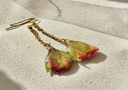 Real Red Pink Rose Bud Drop Earrings
