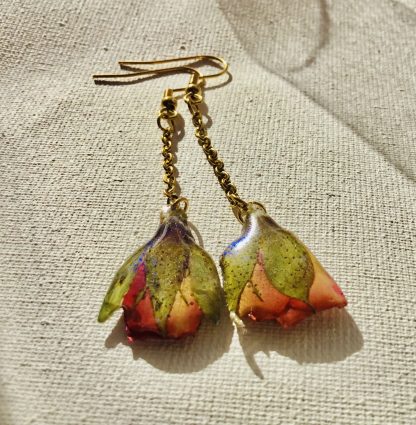 Real Red Pink Rose Bud Drop Earrings