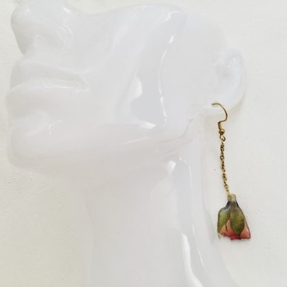 Real Red Pink Rose Bud Drop Earrings