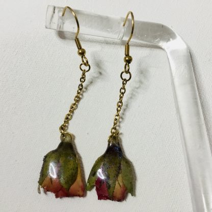 Real Red Pink Rose Bud Drop Earrings