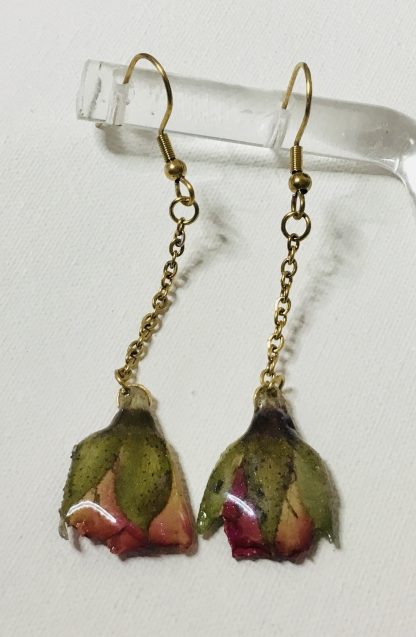 Real Red Pink Rose Bud Drop Earrings