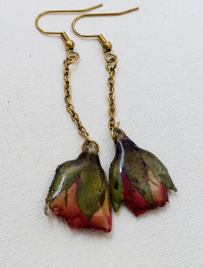 Real Red Pink Rose Bud Drop Earrings