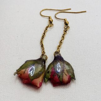 Real Red Pink Rose Bud Drop Earrings