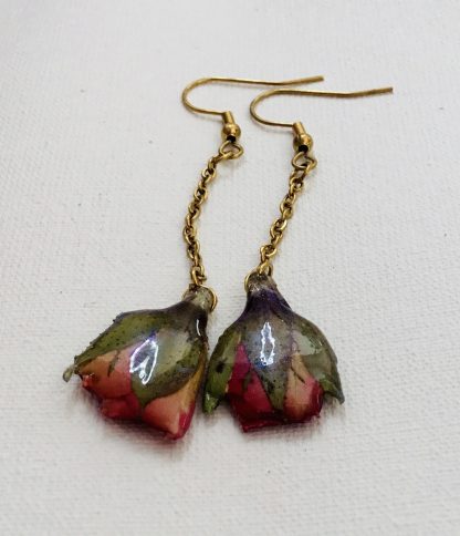 Real Red Pink Rose Bud Drop Earrings