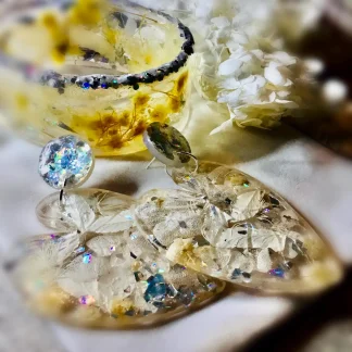 White Hydrangea Jewelry Set – Real Flower Resin Earrings & Bangle