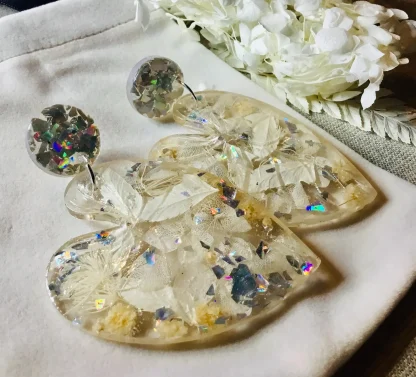 White Hydrangea Jewelry Set – Real Flower Resin Earrings & Bangle