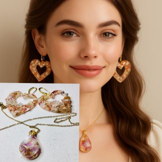 Golden Bloom Harmony | Real Rose Petals Heart Earrings & Teardrop Necklace Set