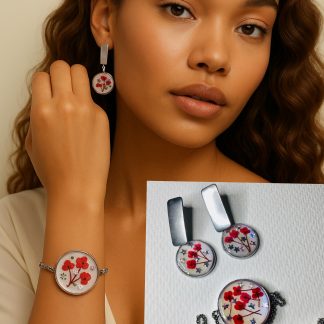 Scarlet Whisper Set – Handcrafted Silver Earrings and Bracelet with Real Red Flowers