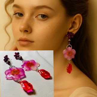 Celestial Narcissus Cascade – Real Flower Earrings with Amethyst & Hand-Tinted Resin Art