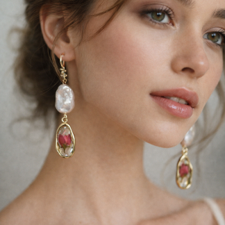 Pearl & Scarlet Bloom – Real Red Flower Earrings with Baroque Pearl