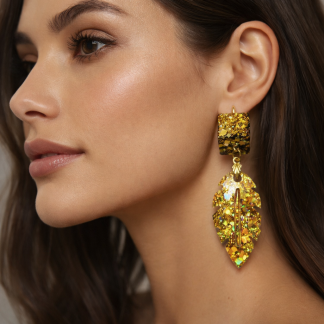 Gilded Forest Echo – Handmade Resin Leaf Earrings with Golden Mosaic Shimmer