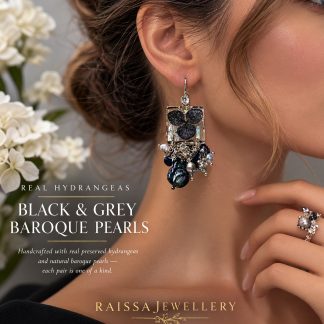 Handcrafted Black Hydrangea & Baroque Pearl Statement Earrings