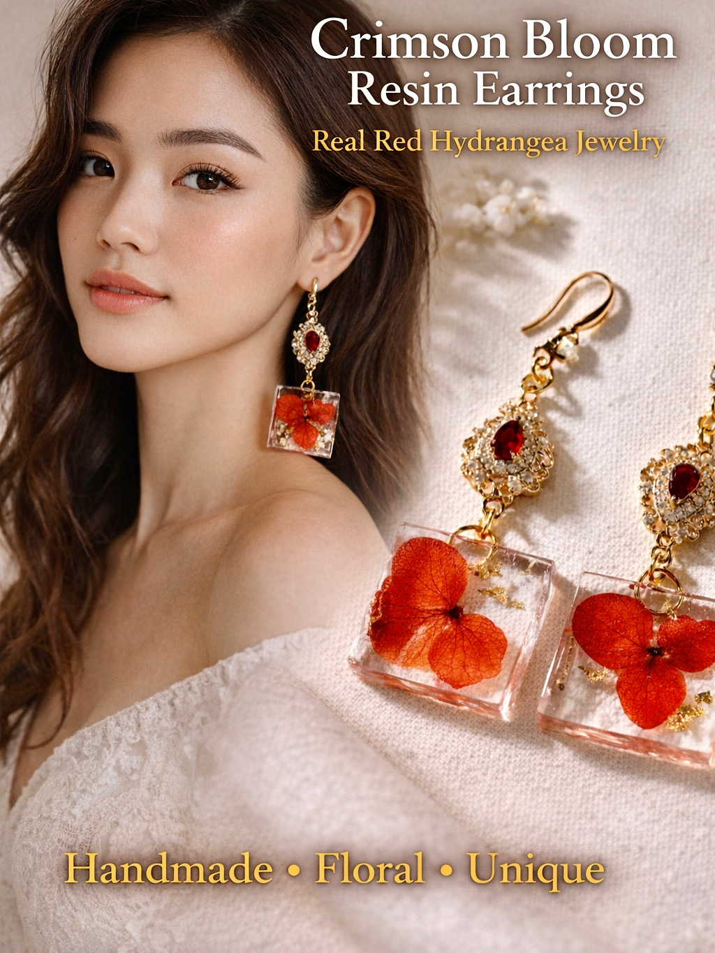 Crimson Bloom Resin Earrings – Real Red Hydrangea Jewelry