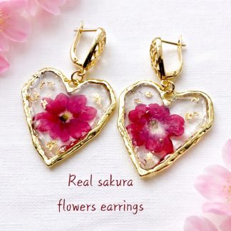 Real Sakura Flower Heart Earrings