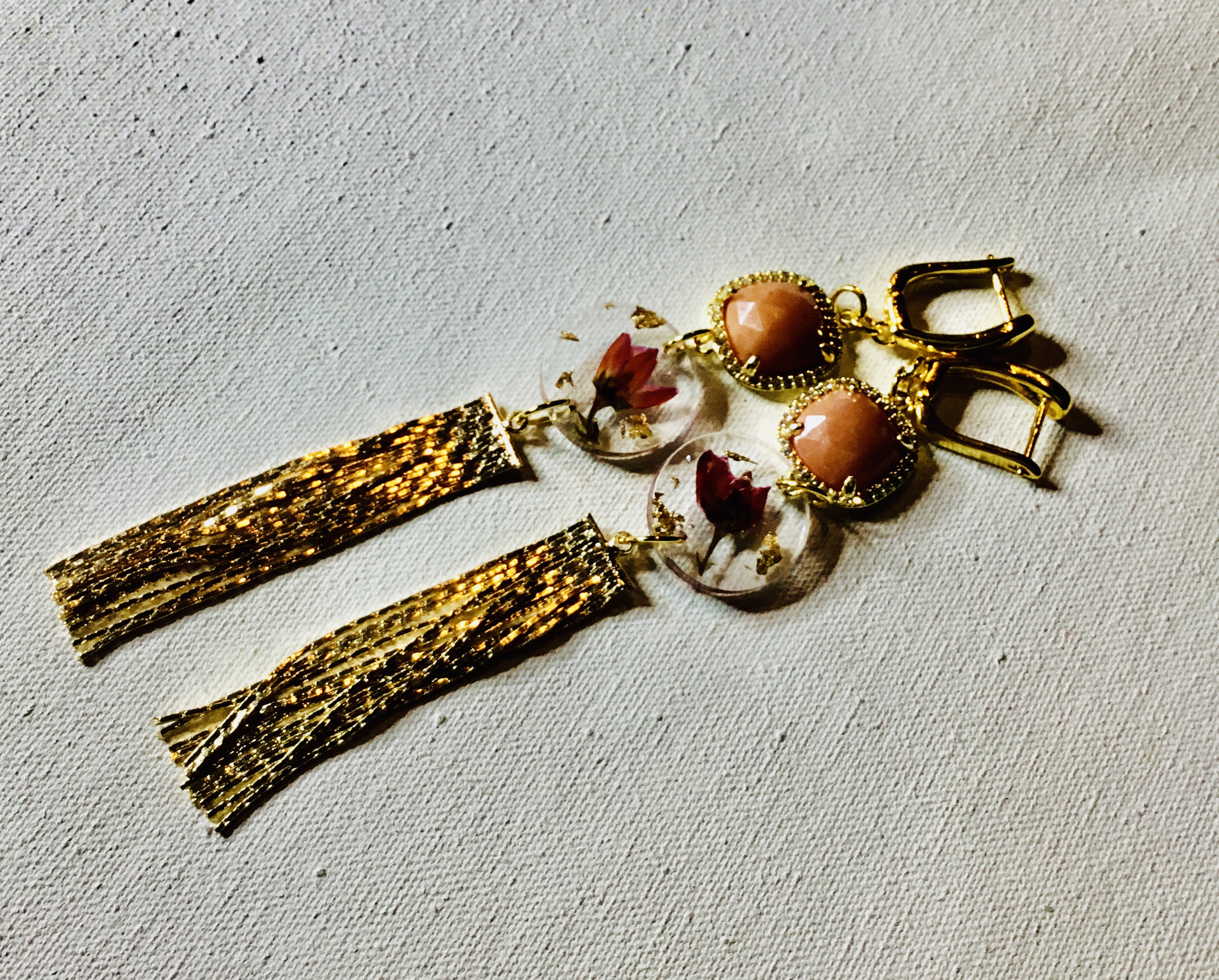 Real Flower Resin Earrings with Sandstone & Gold Tassels