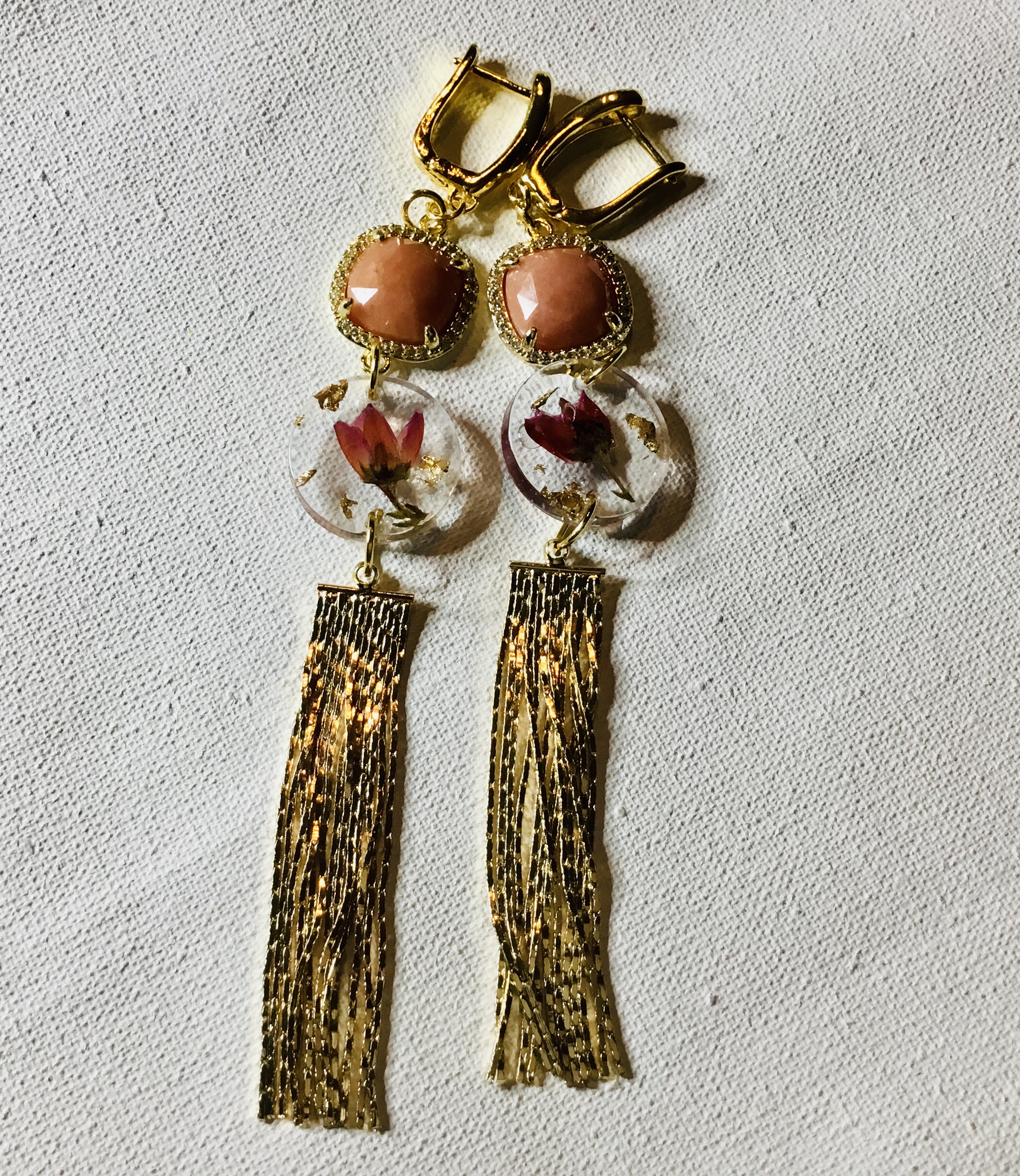 Real Flower Resin Earrings with Sandstone & Gold Tassels - Image 5