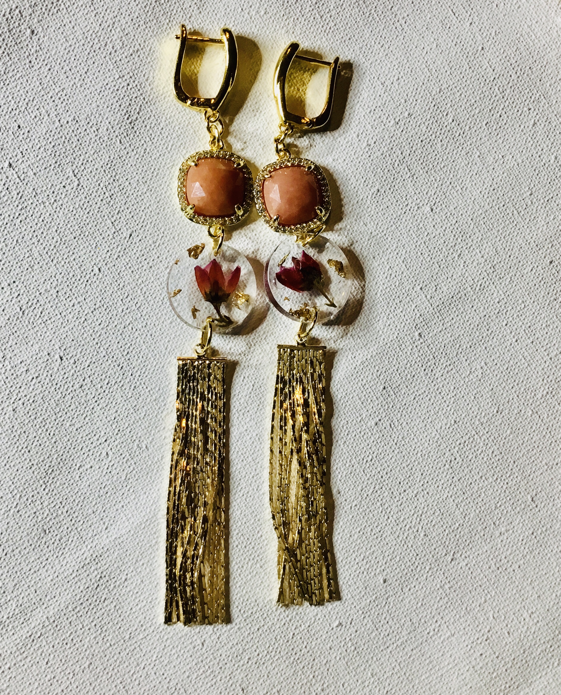 Real Flower Resin Earrings with Sandstone & Gold Tassels
