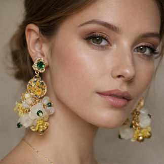 Handmade Baby's Breath Floral Earrings with Citrine, Malachite – Gold Plated Luxury Botanical Jewelry