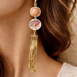 Real Flower Resin Earrings with Sandstone & Gold Tassels