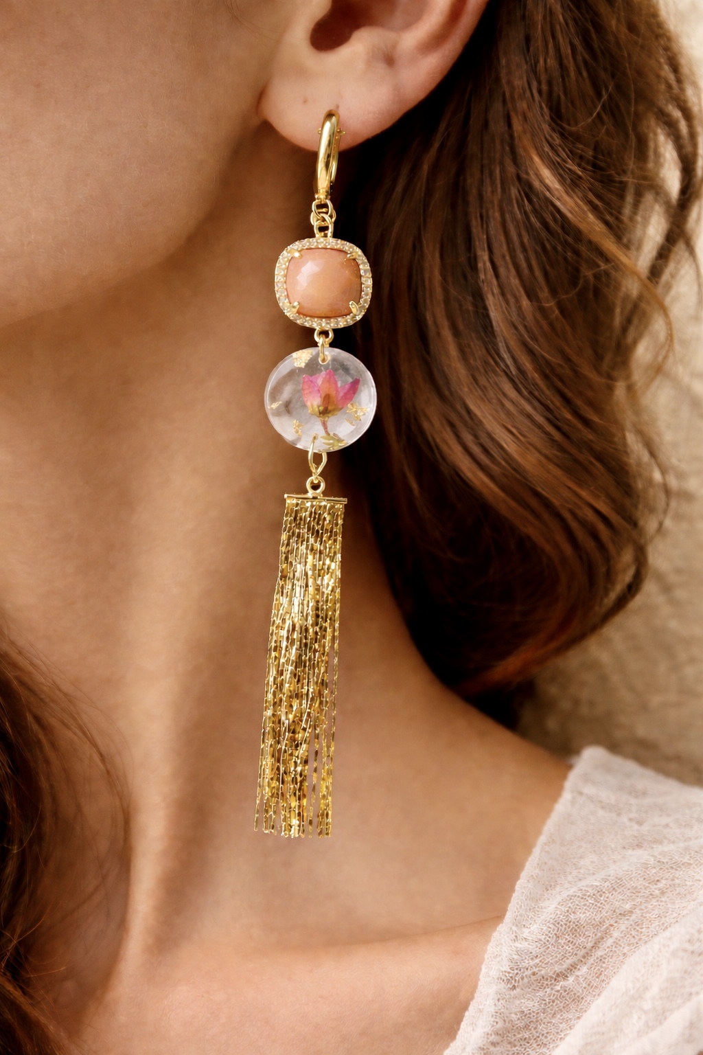 Real Flower Resin Earrings with Sandstone & Gold Tassels