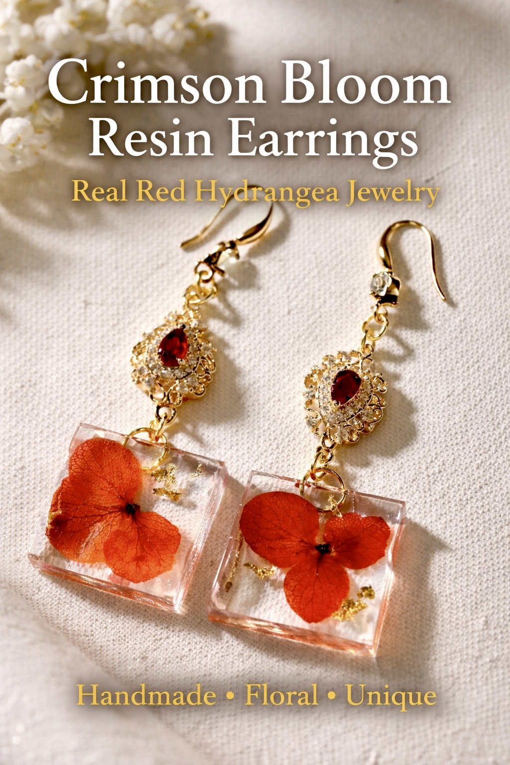 Crimson Bloom Resin Earrings – Real Red Hydrangea Jewelry
