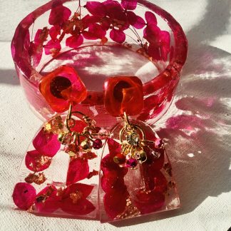 Custom Real Hydrangea Flower Resin Jewelry Set, Bracelet Earrings, Gold Foil