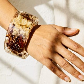 Real Hydrangea Resin Cuff Bracelet, Boho Botanical Statement Jewelry